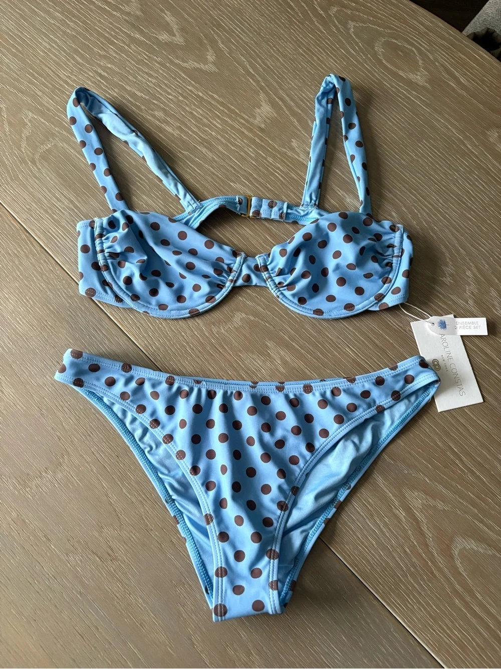 Caroline Constas Light Blue Bikini Set with Brown Polka Dots